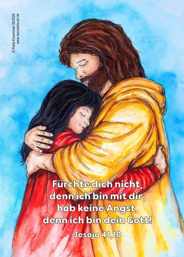 Jahreslosung 2027 Bibelvers Jesaja 41,10 Motiv Jesus hält ein Mädchen in seinem Arm. Blauer Himmel, Mädchen rotes Gewand Jesus in gelbem